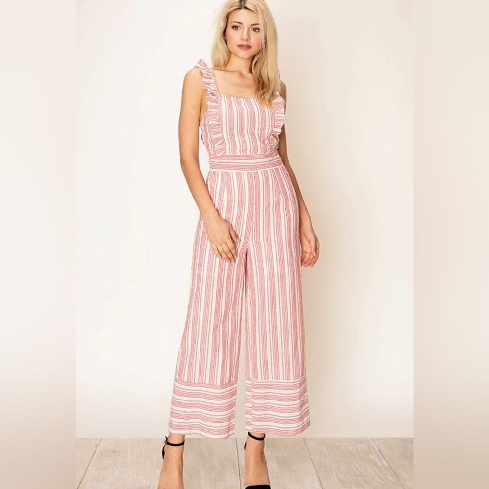 Lulus Emilia Rae Striped Ruffle Culotte Jumpsuit Size M